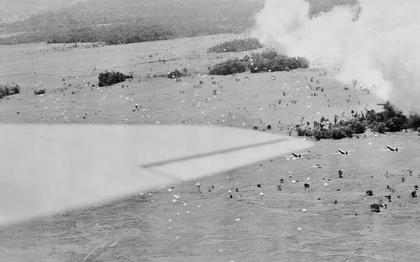 The 503rd Parachute Infantry Regiment jumps into Markham Valley with the objective to seize the Nadzab airfield. Photo COURTESY OF THE DANIEL MACRAILD COLLECTION